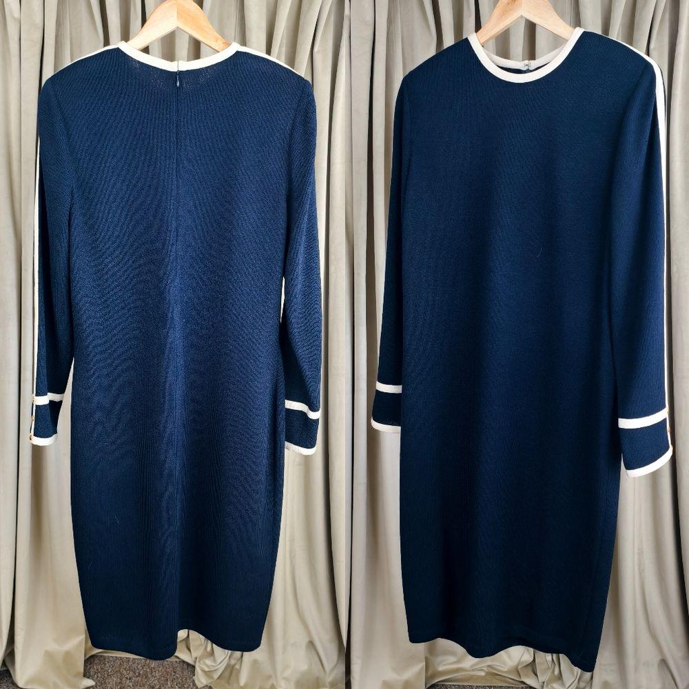 Vintage St. John Elegant Knitted Navy Blue Dress with White Accents