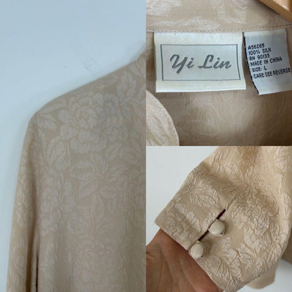 Vintage Yi Lin Beige Button Down Asian Silk Blouse with Mandarin Collar