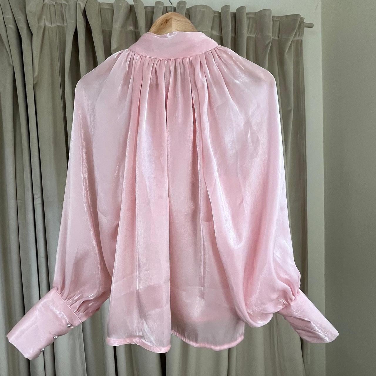 Vintage Pink Luminescent Blouse with Tie Neck and Puffy Sleeves