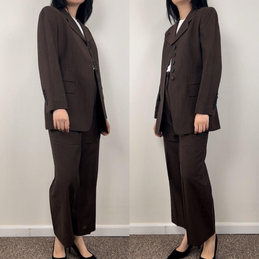 Vintage Escada Wool Linen Blend Lightweight Brown Pantsuit
