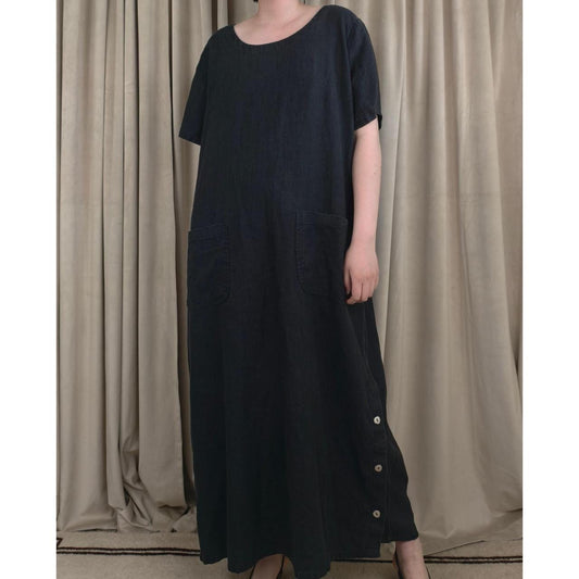 Vintage Studio East Black Linen Maxi Short Sleeve Dress