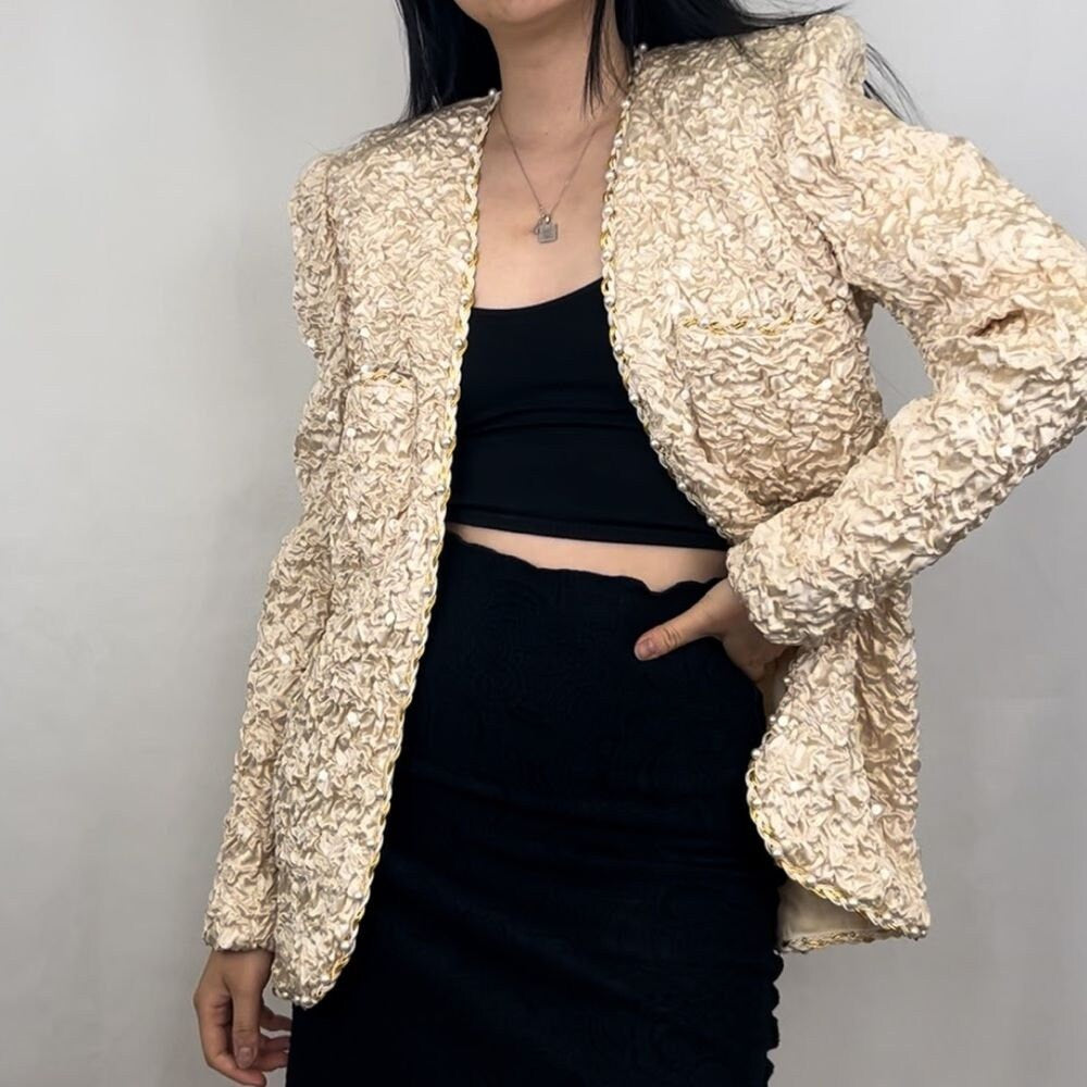 Vintage Farinea Collections Cream Blazer Jacket with Faux Pearl Detailing