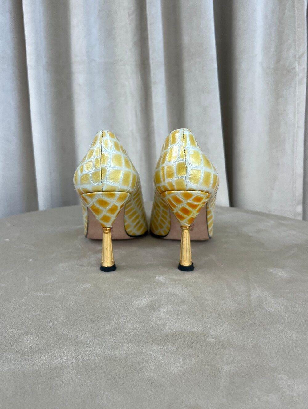 Vintage Timothy Hitsman Yellow Croc-Embossed Pointed-Toe Pumps
