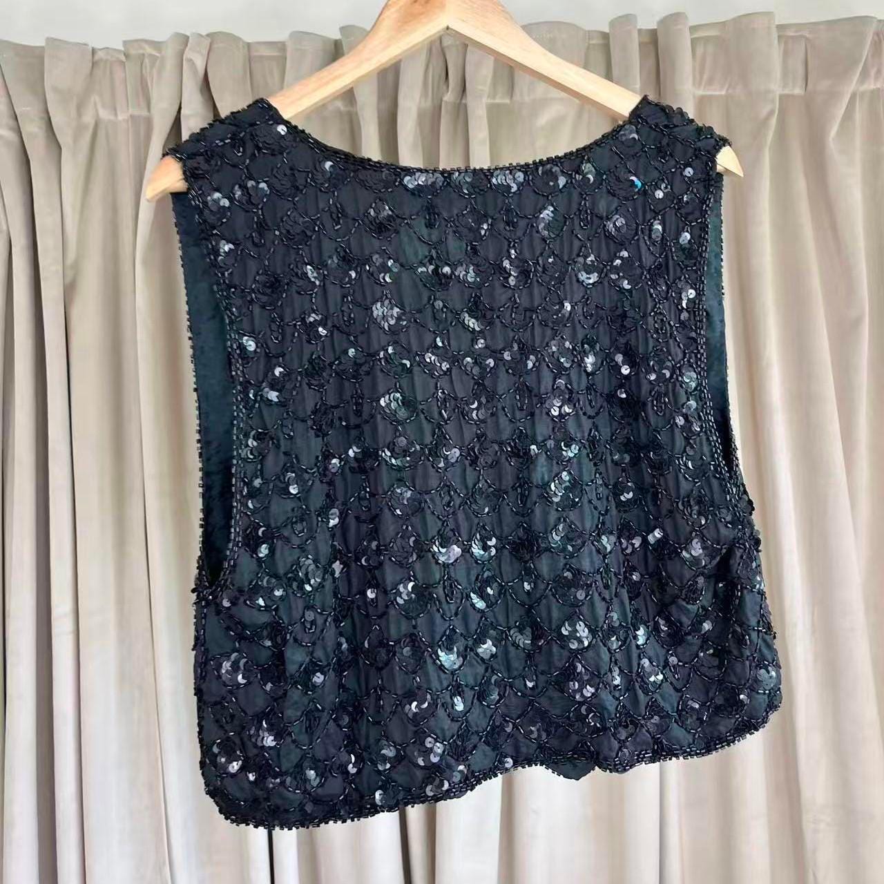 Vintage Cotton Castle Black Sequin Silk Vest