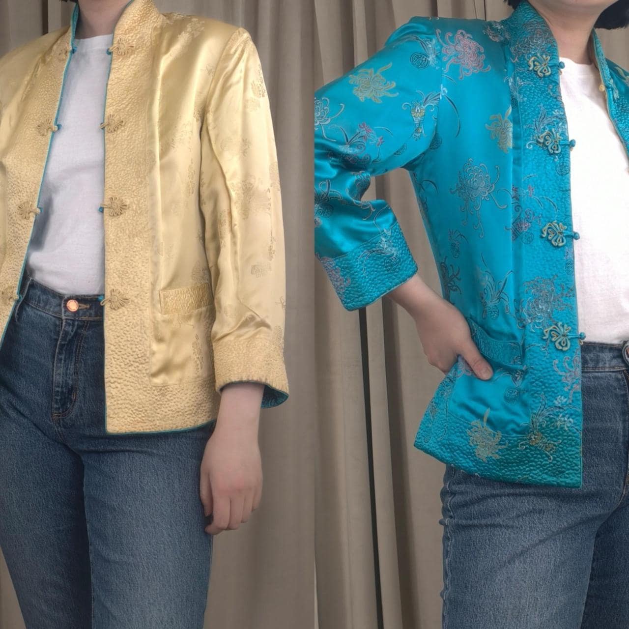 Vintage Asian Reversible Gold and Blue Embroidered Mandarin Tang Jacket