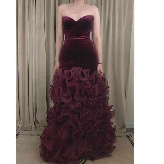 Vintage Jovani Strapless Velvet Burgundy Ruffle Mermaid Evening Gown Prom Dress