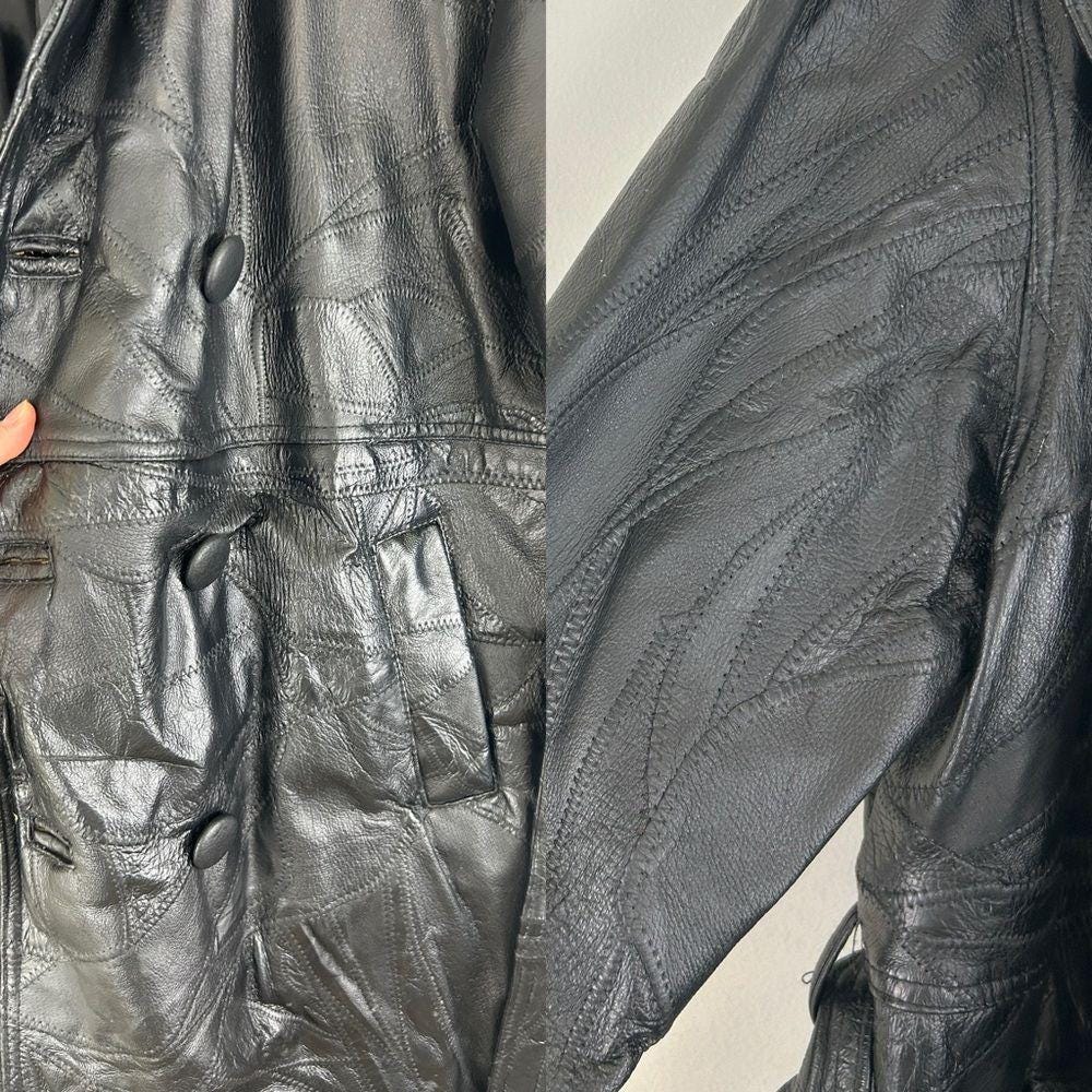 Vintage Black Patchwork Leather Trench Coat with Belt