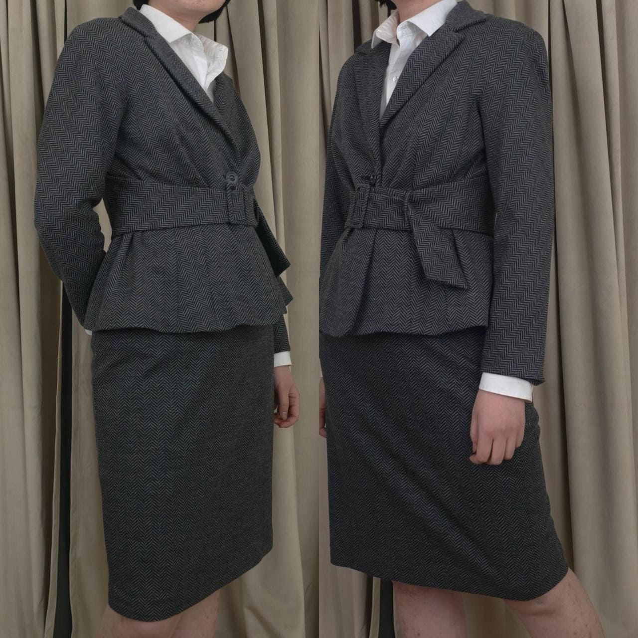 Vintage Kay Unger 100% Wool Grey Herringbone Skirt Suit