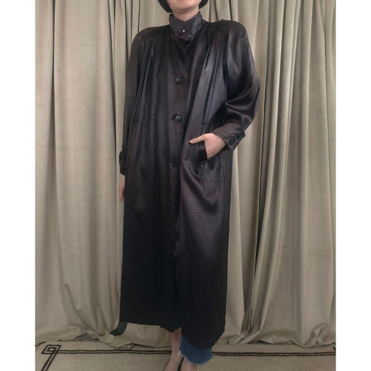 Vintage Long Black Satin Snakeskin Pattern Trench Coat