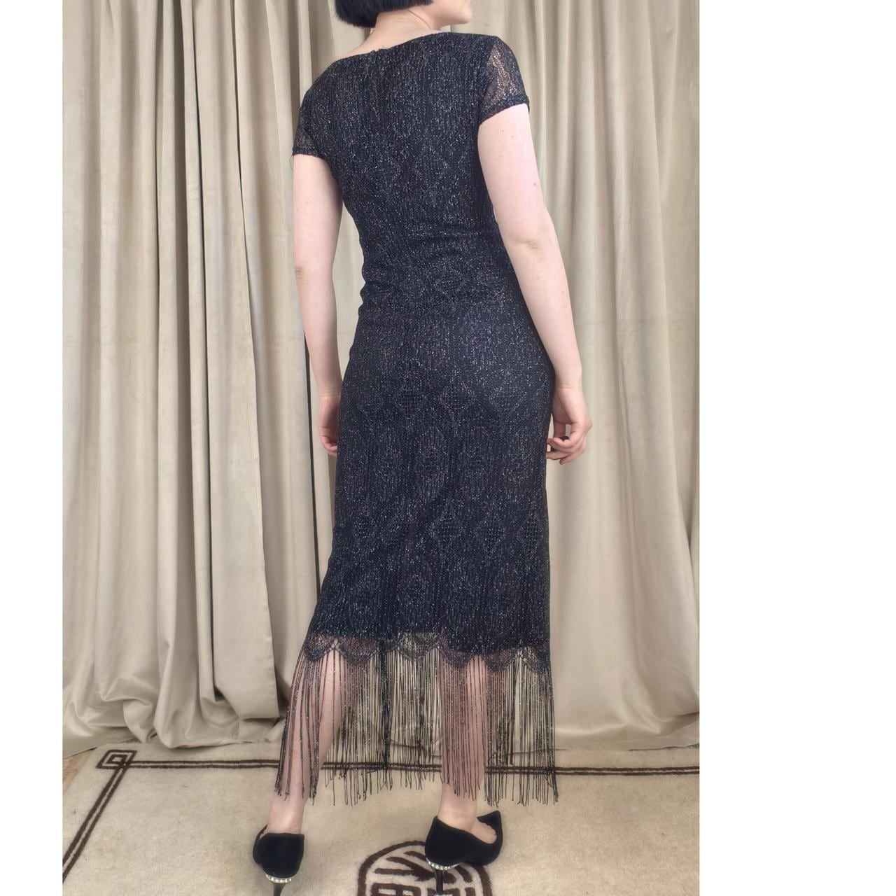 Vintage Onyx Nite Black Silver Metallic Lace Dress with Fringe Hem