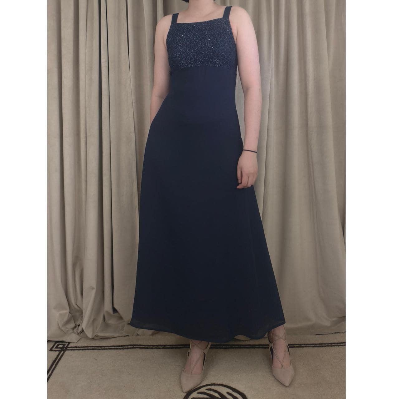 Vintage Navy blue maxi dress with embroidered top and flowy skirt