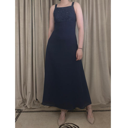 Vintage Navy blue maxi dress with embroidered top and flowy skirt