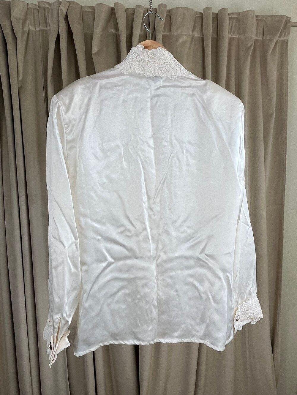 Vintage Tess White Satin Blouse with Lace Detailing