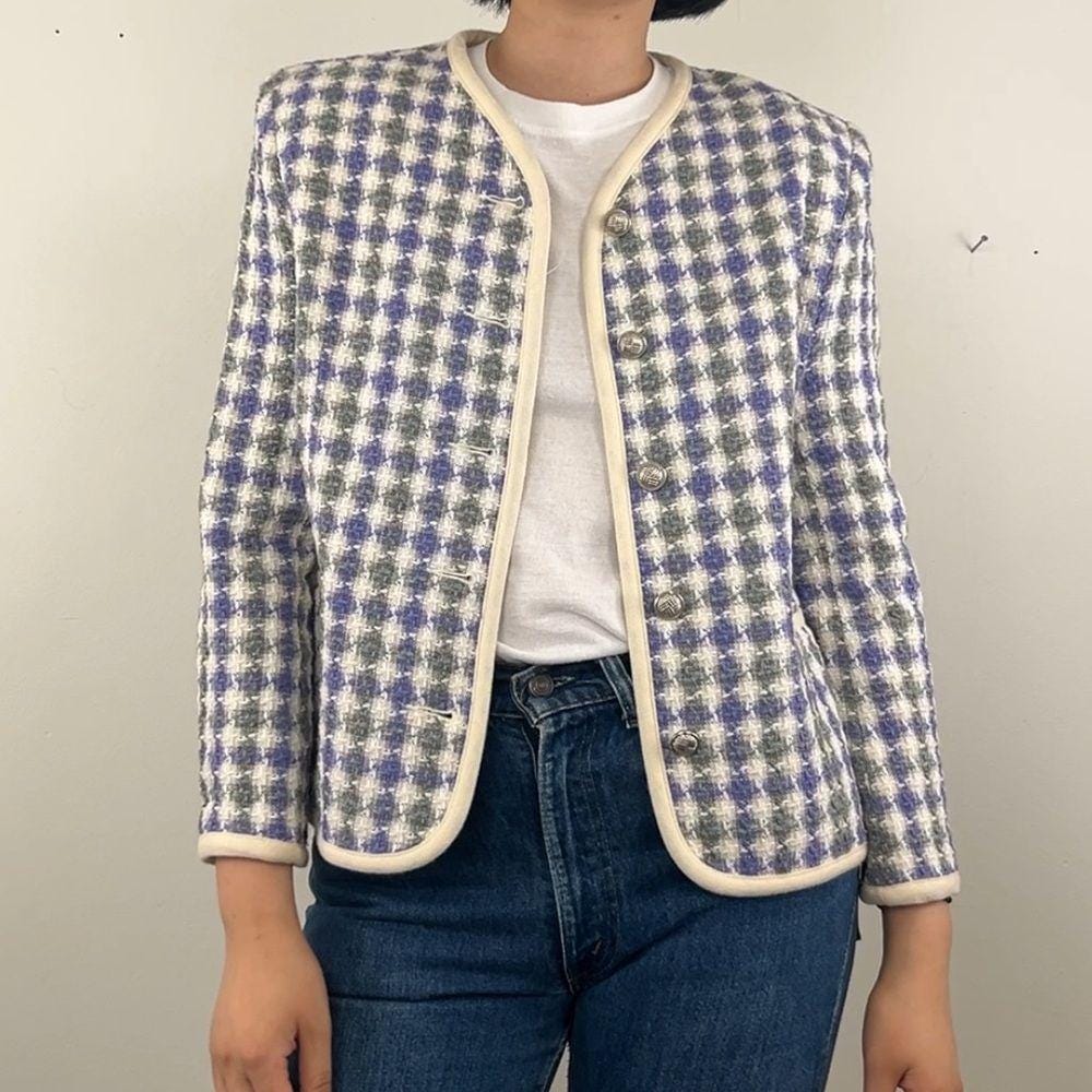 Vintage Koret Pastel Purple and Green Checkered Plaid Wool Blend Blazer
