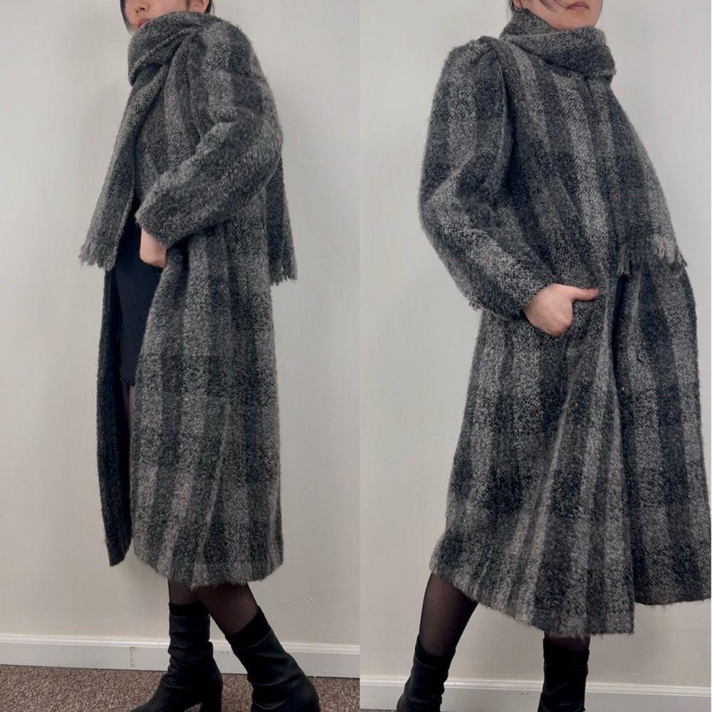 Vintage Dillon Grey Plaid Wool Overcoat with Matching Scarf