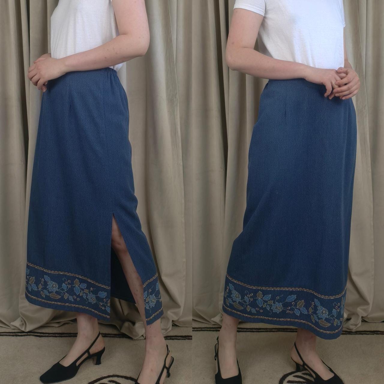 Vintage Blue Denim Maxi Skirt with Floral Embroidery