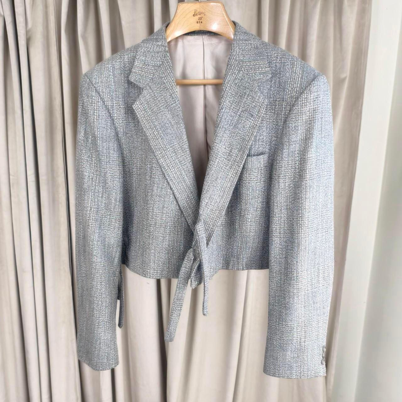 Reworked Vintage Grey Cropped Tweed Blazer with Tie Detail
