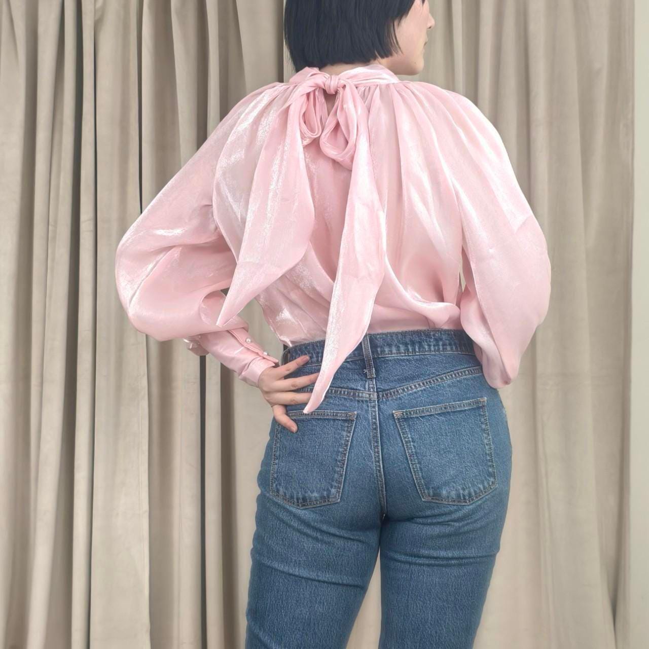 Vintage Pink Luminescent Blouse with Tie Neck and Puffy Sleeves