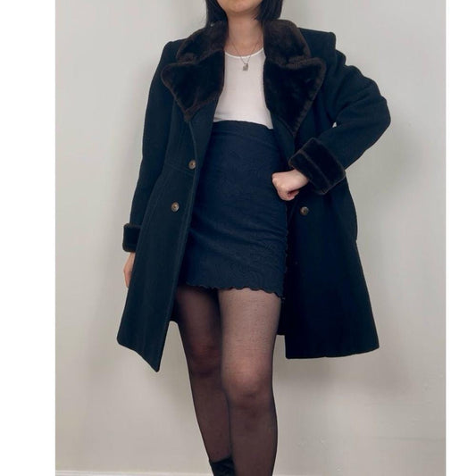 Vintage Jonathan Michael Black Wool Coat with Faux Fur Detailing