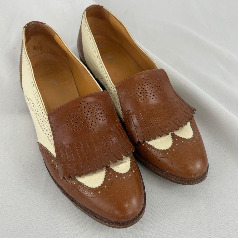Vintage Ralph Lauren Made in Italy Brown and White Loafers with Fringe Accent