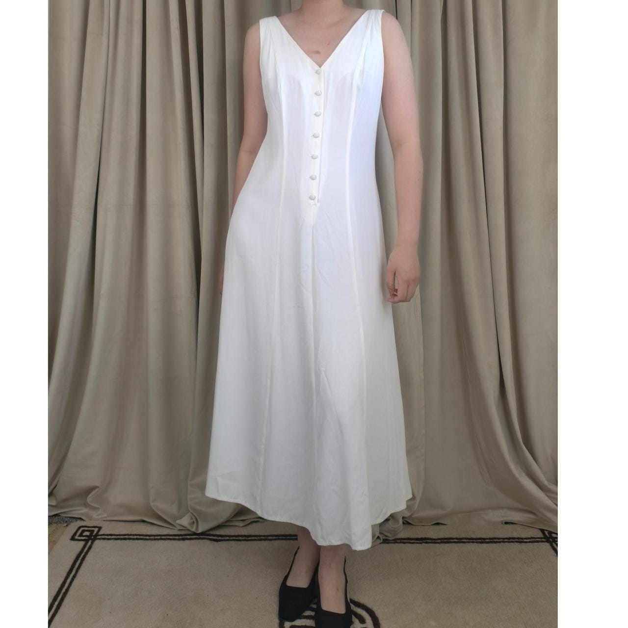 Vintage White Rayon Blend 70s White Dress with Button Front