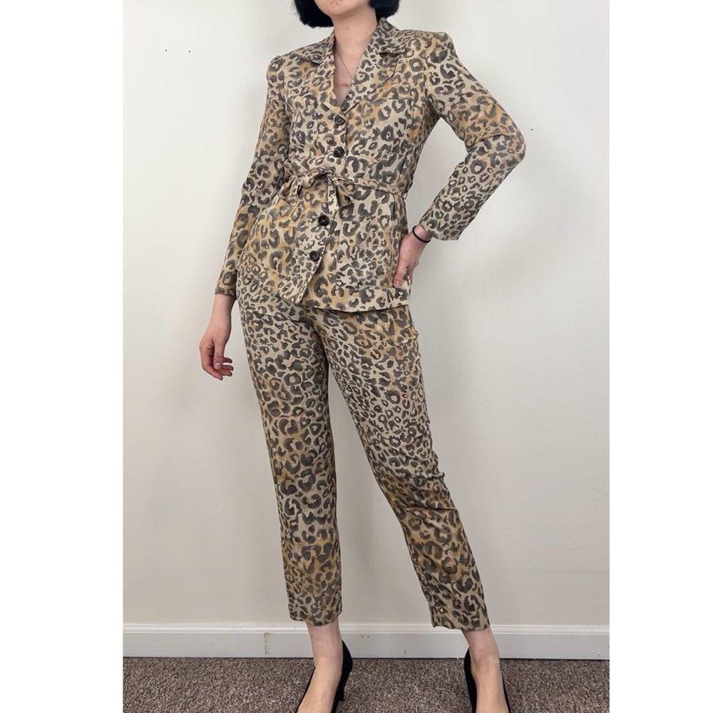 Vintage Dana Buchman Rayon Leopard Print Pantsuit with Tailored Blazer