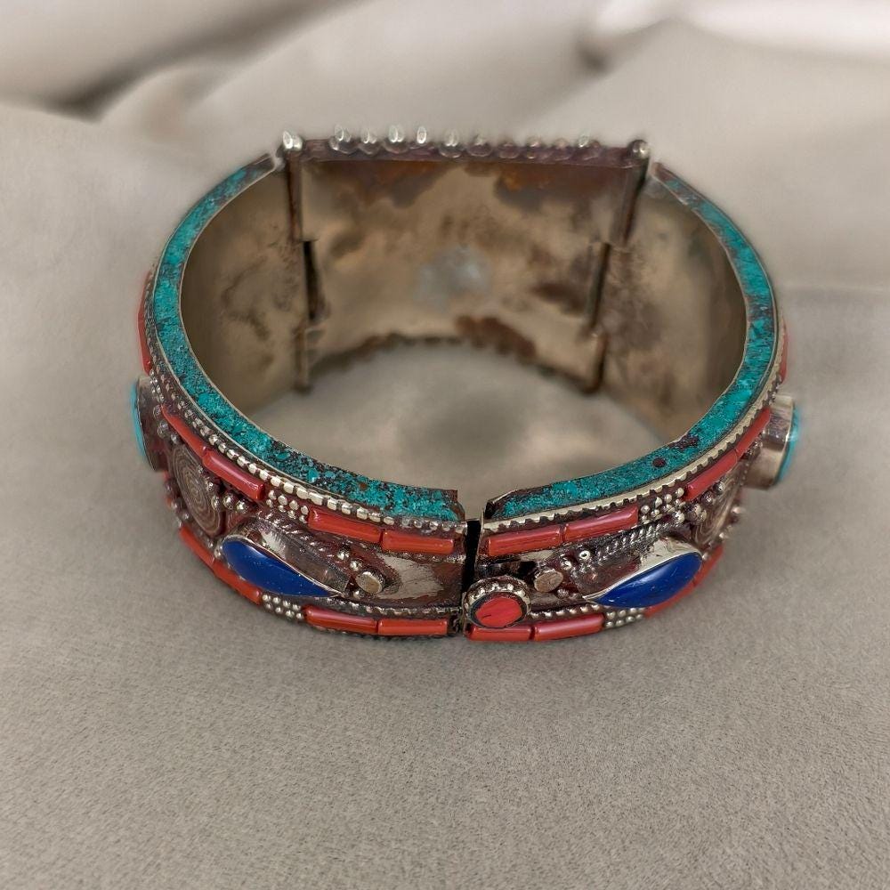 Antique Handmade Tibetan Sterling Silver Red Coral and Turquoise Bracelet