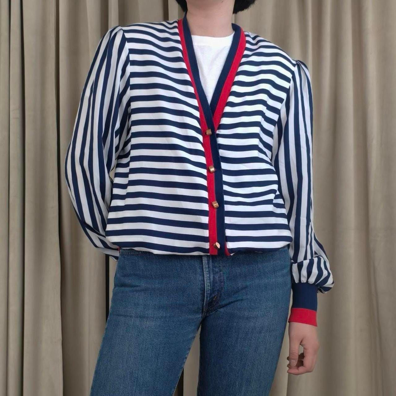 Vintage Striped Navy and White Cardigan with Red Trim