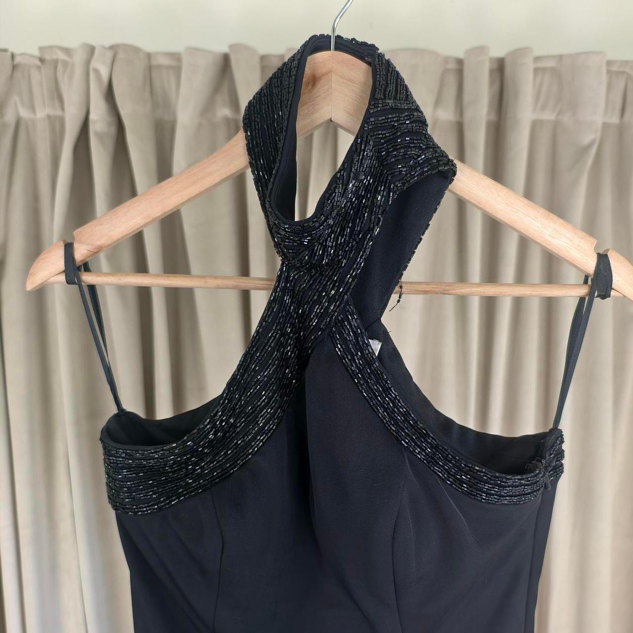 Vintage Cache Y2K Black Maxi Prom Dress Gown with Beaded halter Neck and Slit