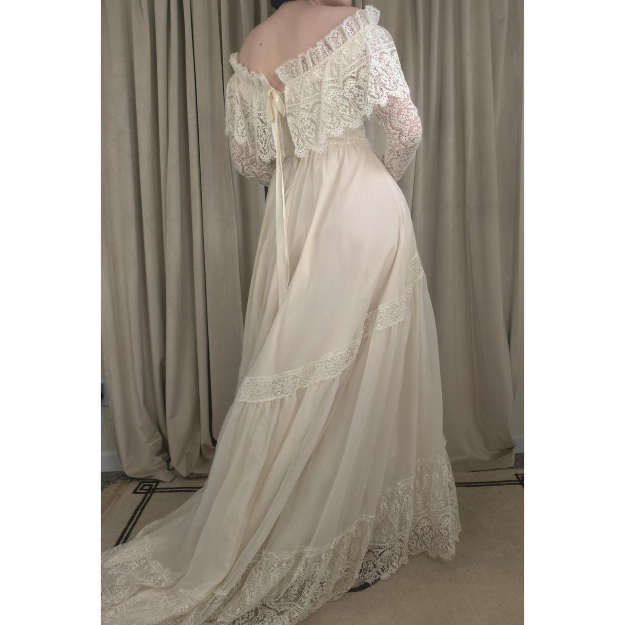 Vintage Victorian Lace Off-the-Shoulder Wedding Gown