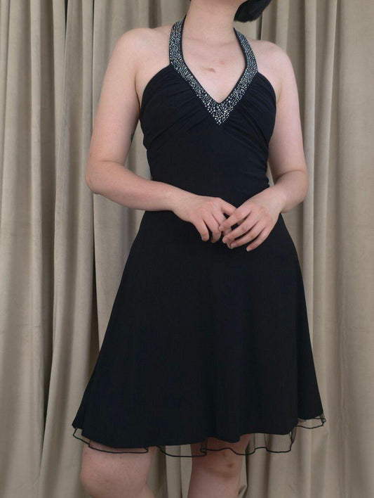 Vintage Betsy & Adam Black Halter V-Neck Embellished Open Back Evening Dress