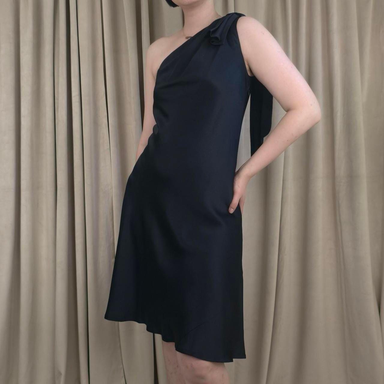 Ann Taylor Black Silk One Shoulder Midi Dress with Bow