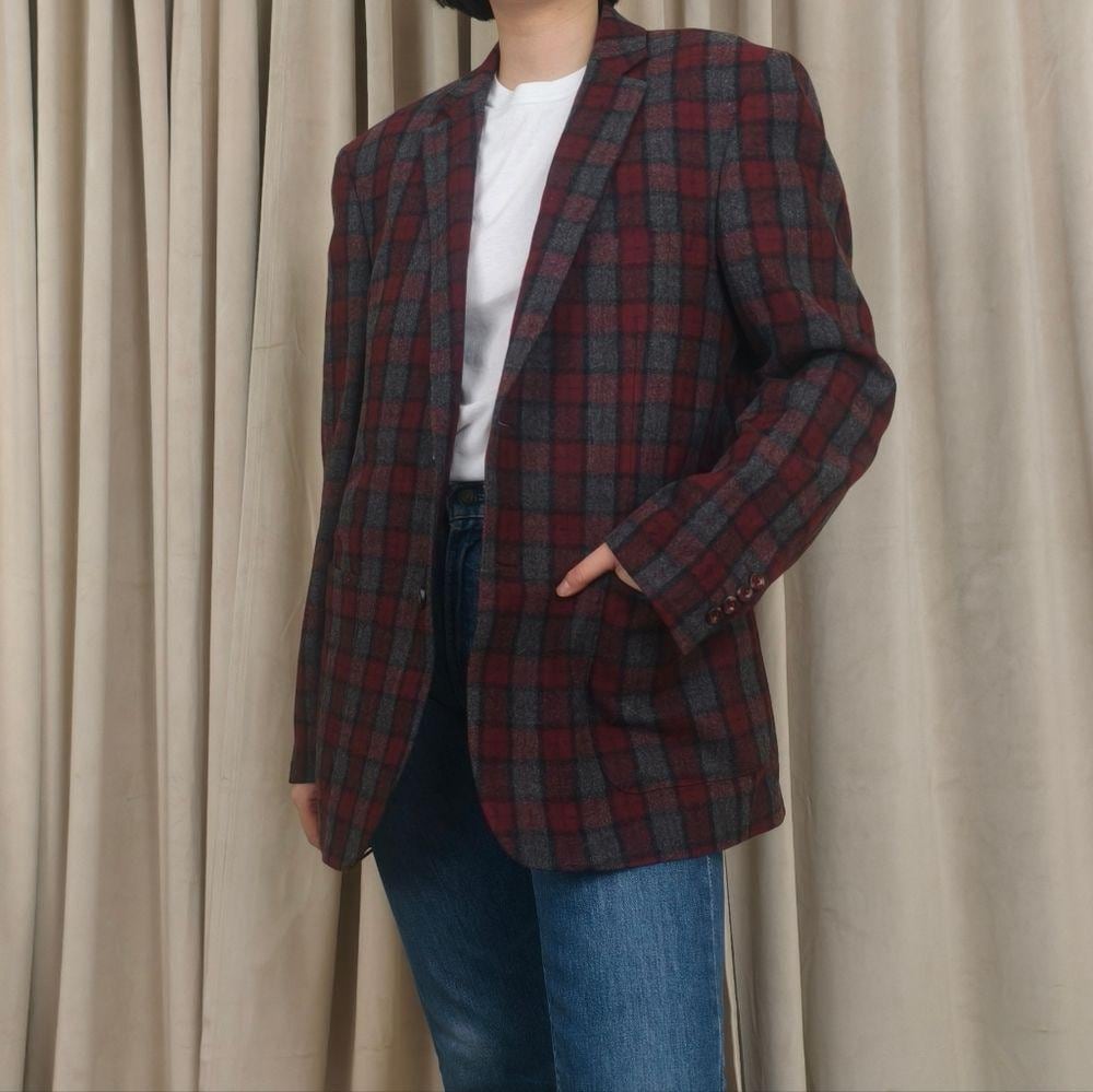 Vintage Zenbrielle Red and Gray Plaid Wool Blend Blazer