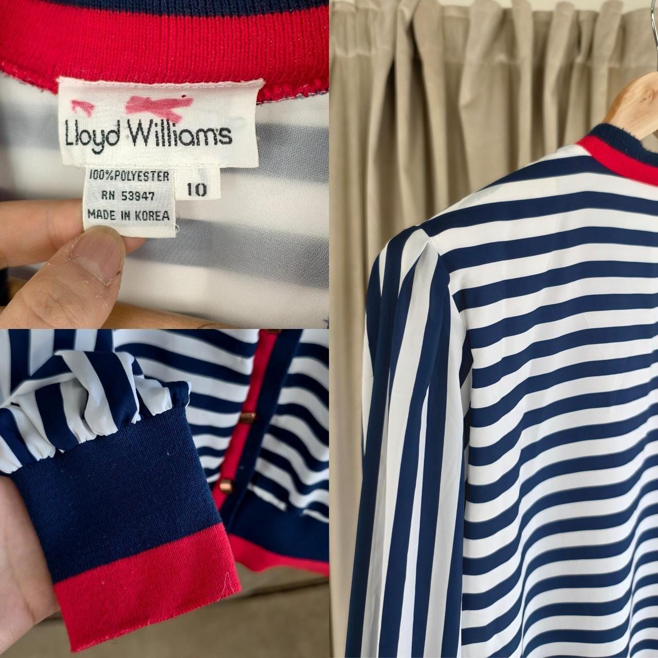 Vintage Striped Navy and White Cardigan with Red Trim