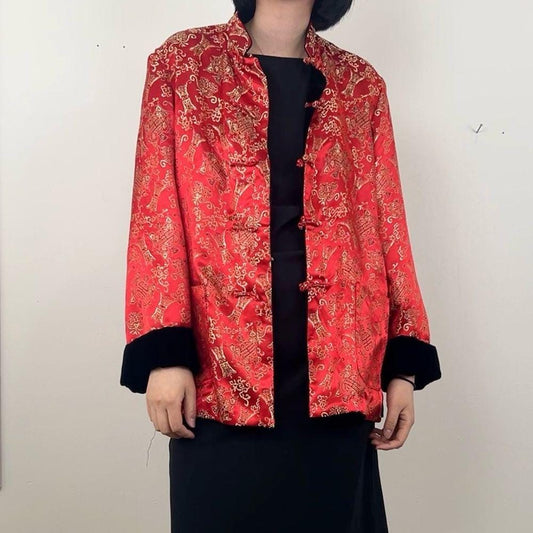 Vintage Red and Black Reversible Satin and Velvet Embroidered Asian Jacket