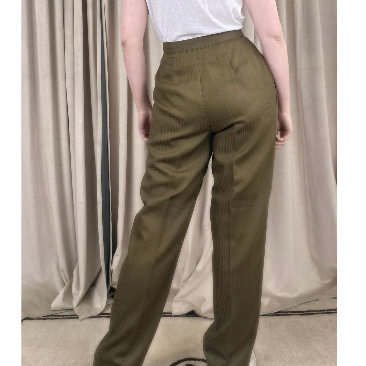 Vintage Jones New York Khaki and Green High-Waisted Wool Tailored Trousers
