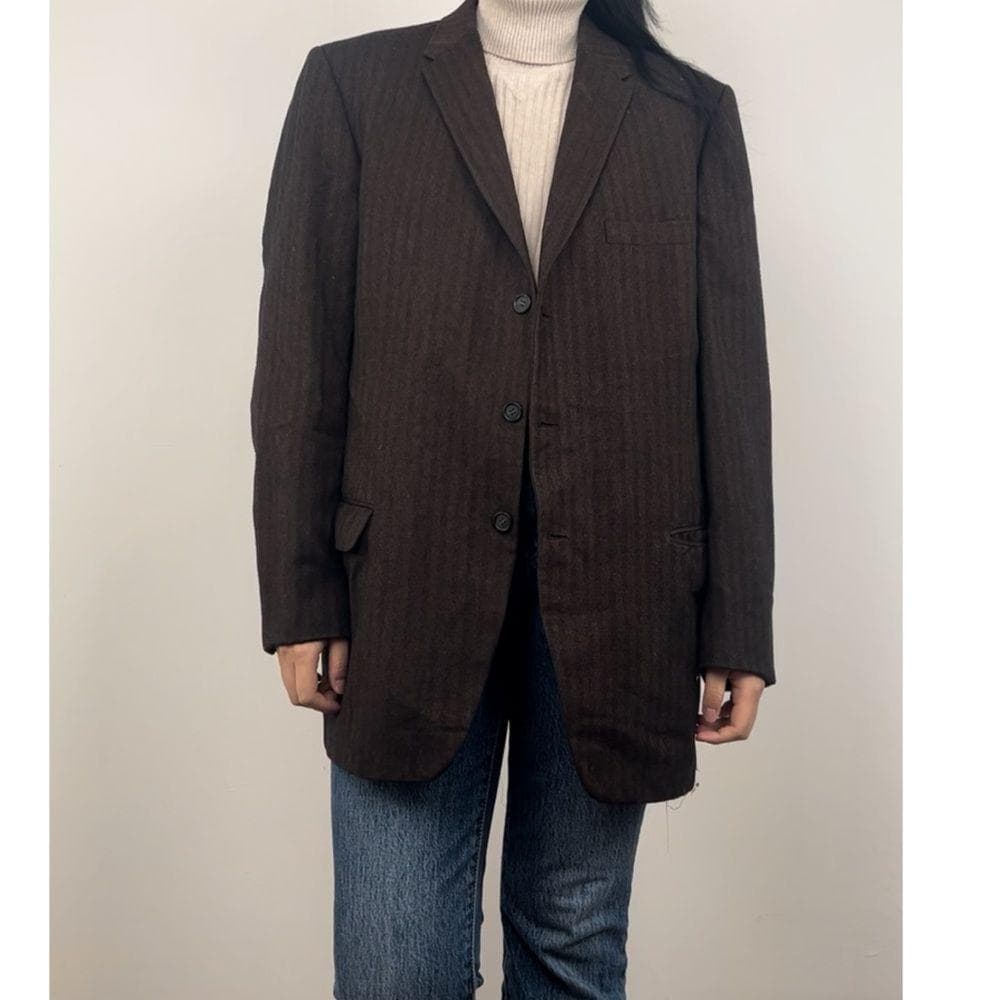 Vintage Brown Striped Wool Cashmere Boyfriend Oversized Blazer