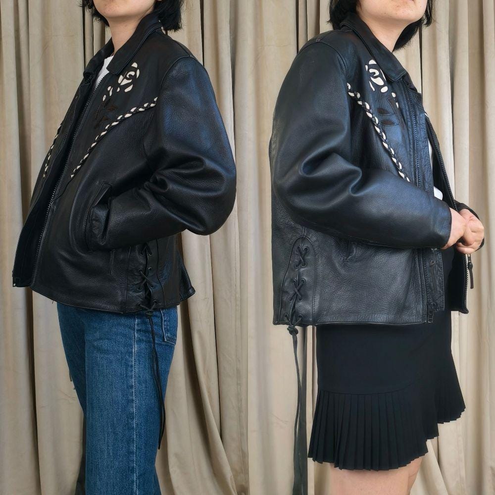 RARE Vintage UNIK Black Leather Biker Jacket with White Rose Floral Design