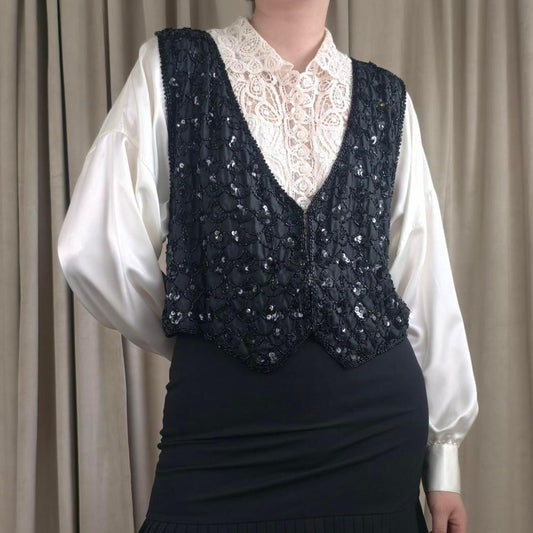 Vintage Cotton Castle Black Sequin Silk Vest