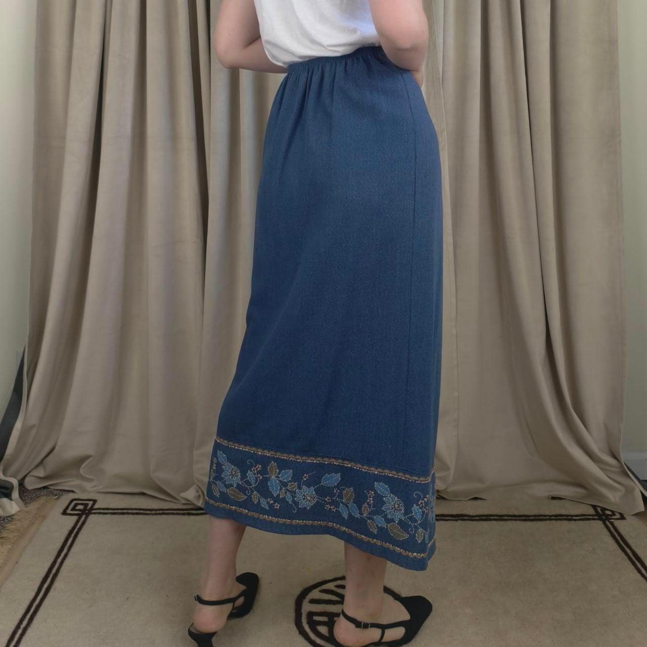 Vintage Blue Denim Maxi Skirt with Floral Embroidery