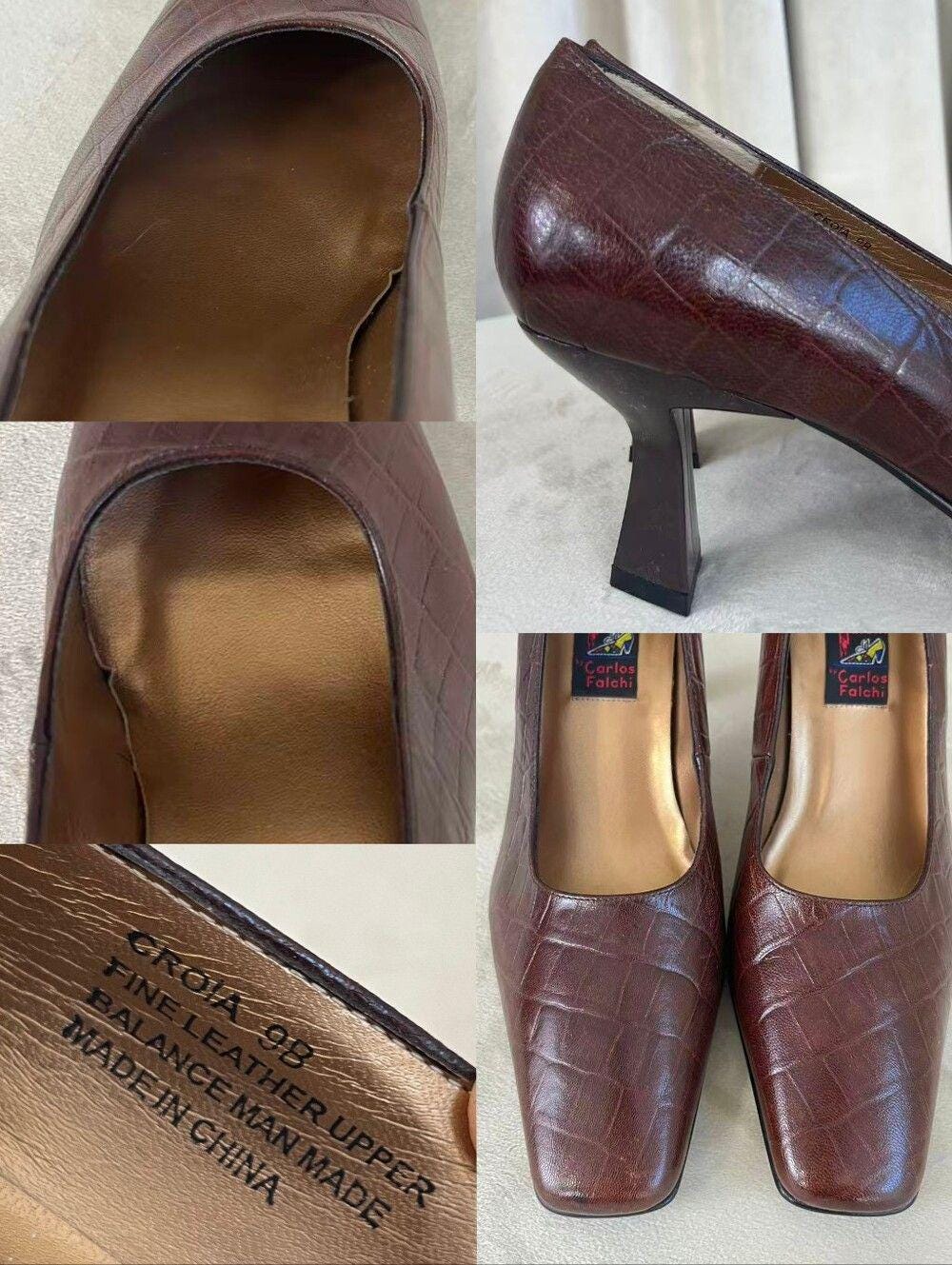 Vintage Carlos Falchi Square-Toe Burgundy Croc-Embossed Leather Pumps