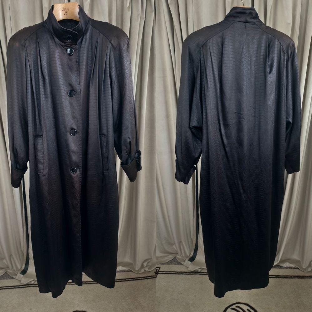 Vintage Long Black Satin Snakeskin Pattern Trench Coat