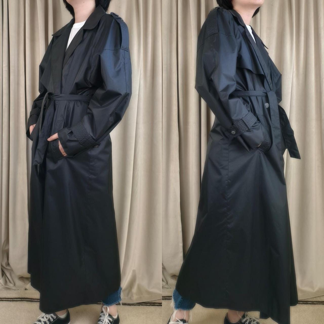 Vintage Gantos Full Length Black Trench Coat Rain Coat