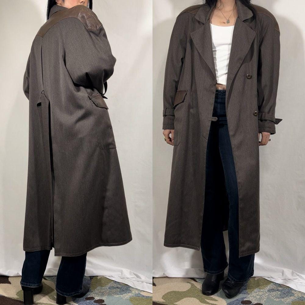 Vintage Made in France Grey Trench Coat with Faux Leather Detailing