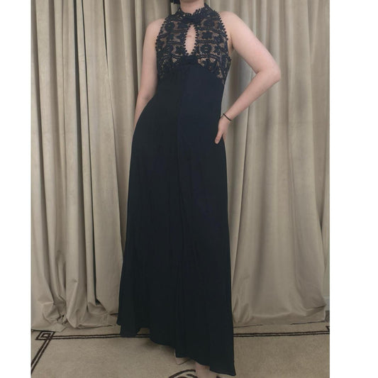 Vintage Black Lace Maxi Halter Neck Dress with Keyhole Neckline