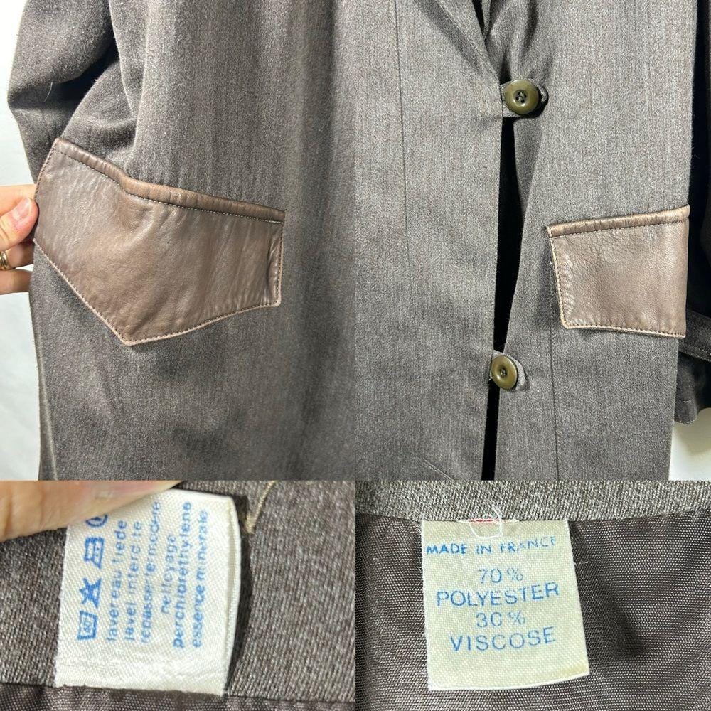 Vintage Made in France Grey Trench Coat with Faux Leather Detailing