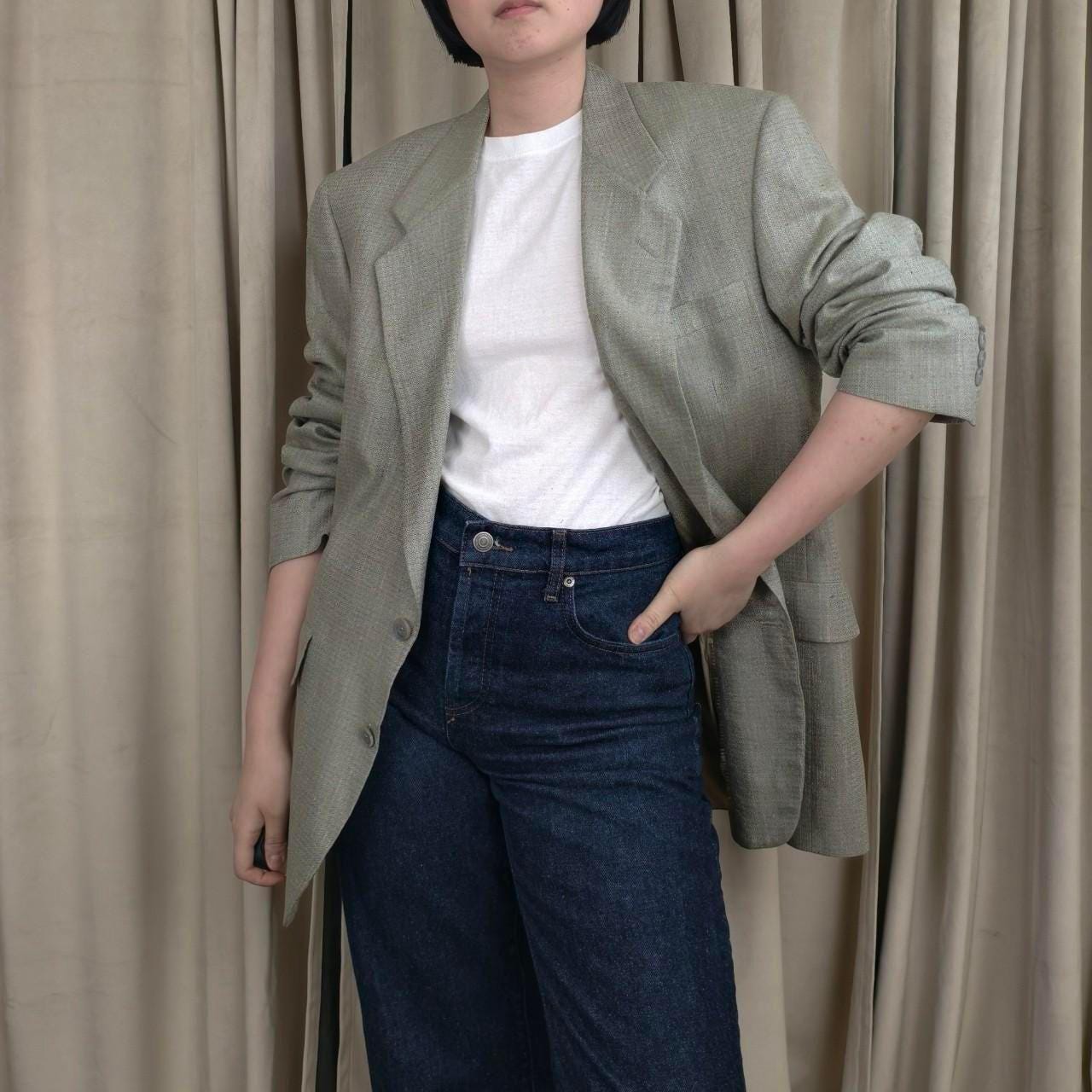 Vintage Silfino 90s Boyfriend Oversized Silk Green Grey Blazer
