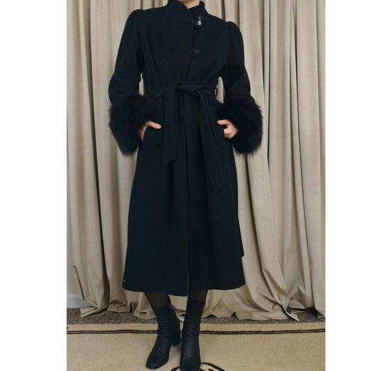 Vintage Capri Black Full Length Belted Wool Coat with Fox Fur Cuffs