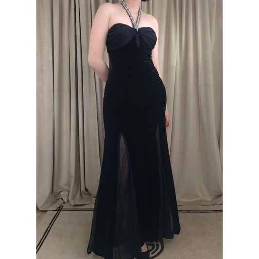 Betsy & Adam Black Velvet Halter Neck Maxi Dress Prom Gown