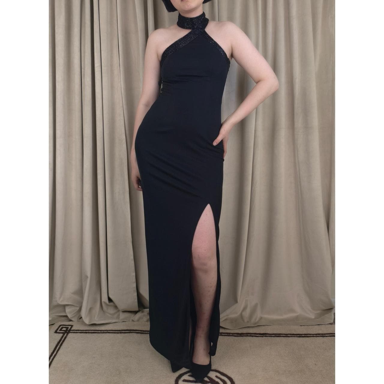 Vintage Cache Y2K Black Maxi Prom Dress Gown with Beaded halter Neck and Slit